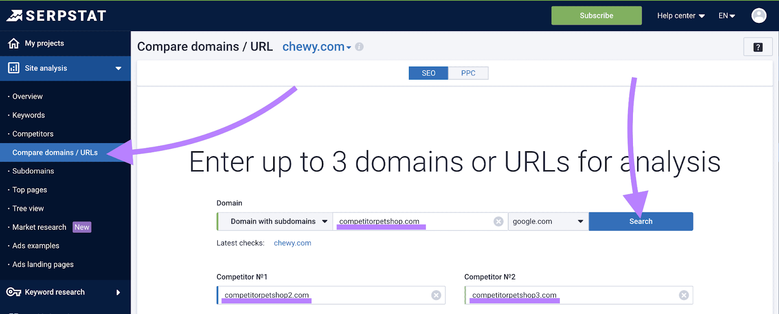 Serpstat's domain analysis and comparison tool with "competitorpetshop.com," "competitorpetshop2.com," and "competitorpetshop3.com," in the URL fields