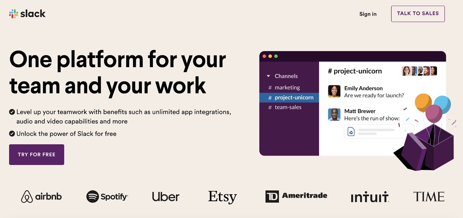 Slack's landing page with "One platform for your team and your work" headline