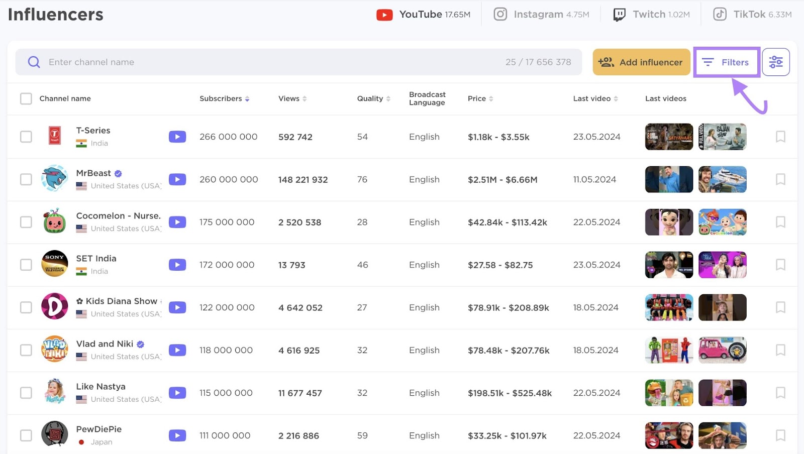 One2target YouTube influencers database  with filters fastener  highlighted