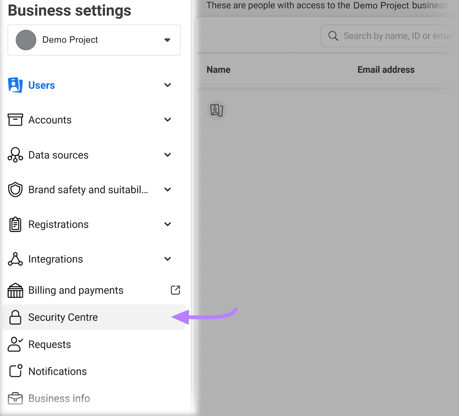 “Security Center" selected from the “Business settings" sidebar
