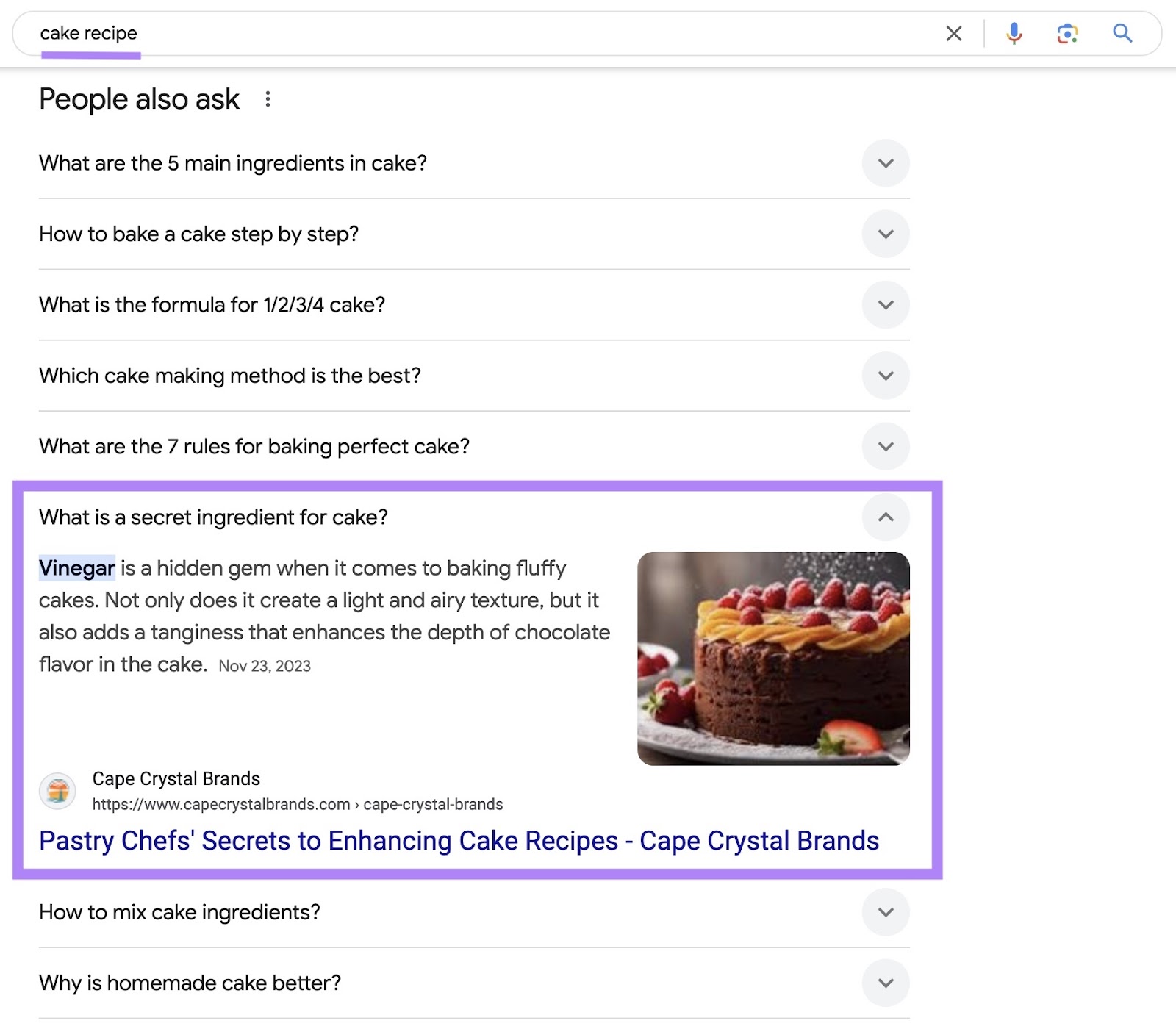 Google SERP for nan connection "cake recipe" pinch 1 of nan questions from nan People Also Ask conception highlighted.