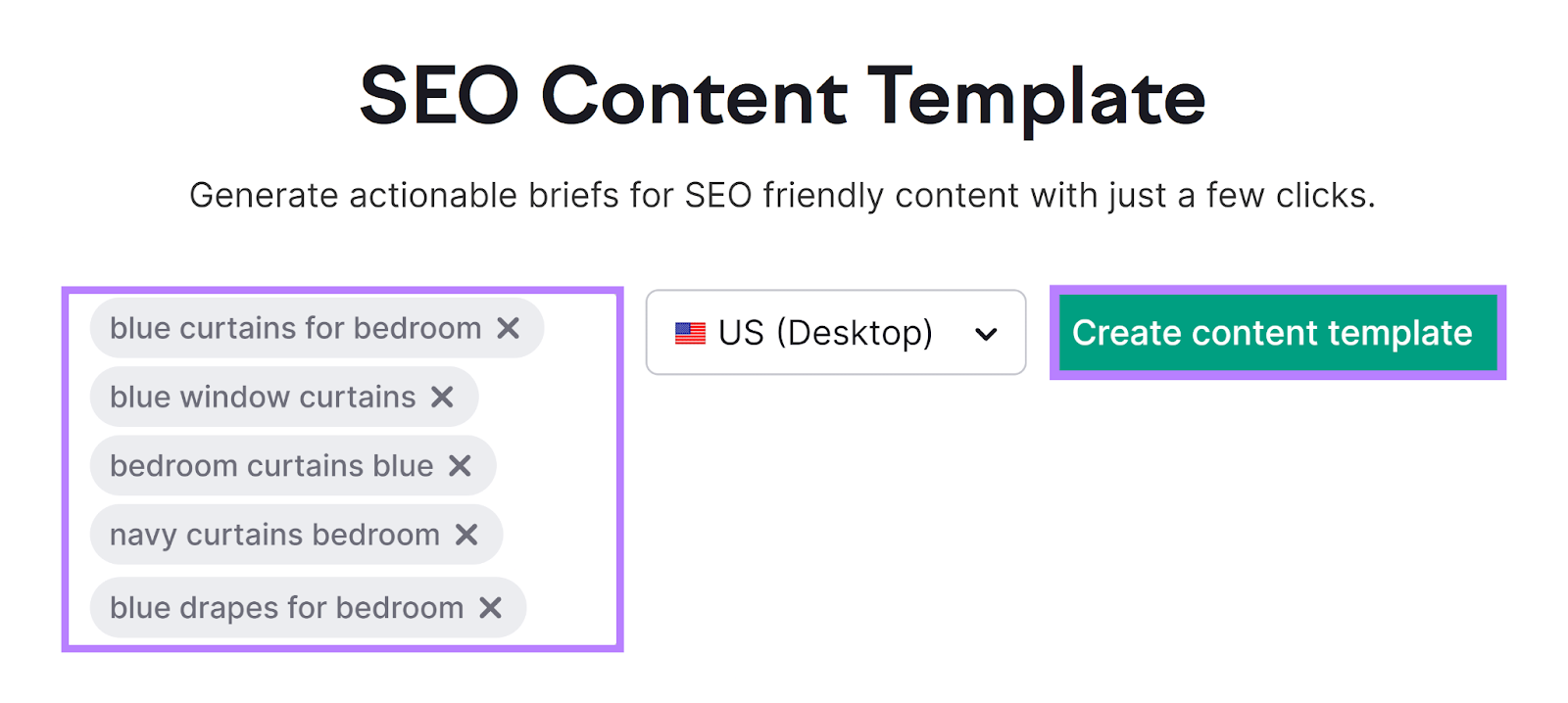 SEO content template tool with keywords entered and Create content template button highlighted