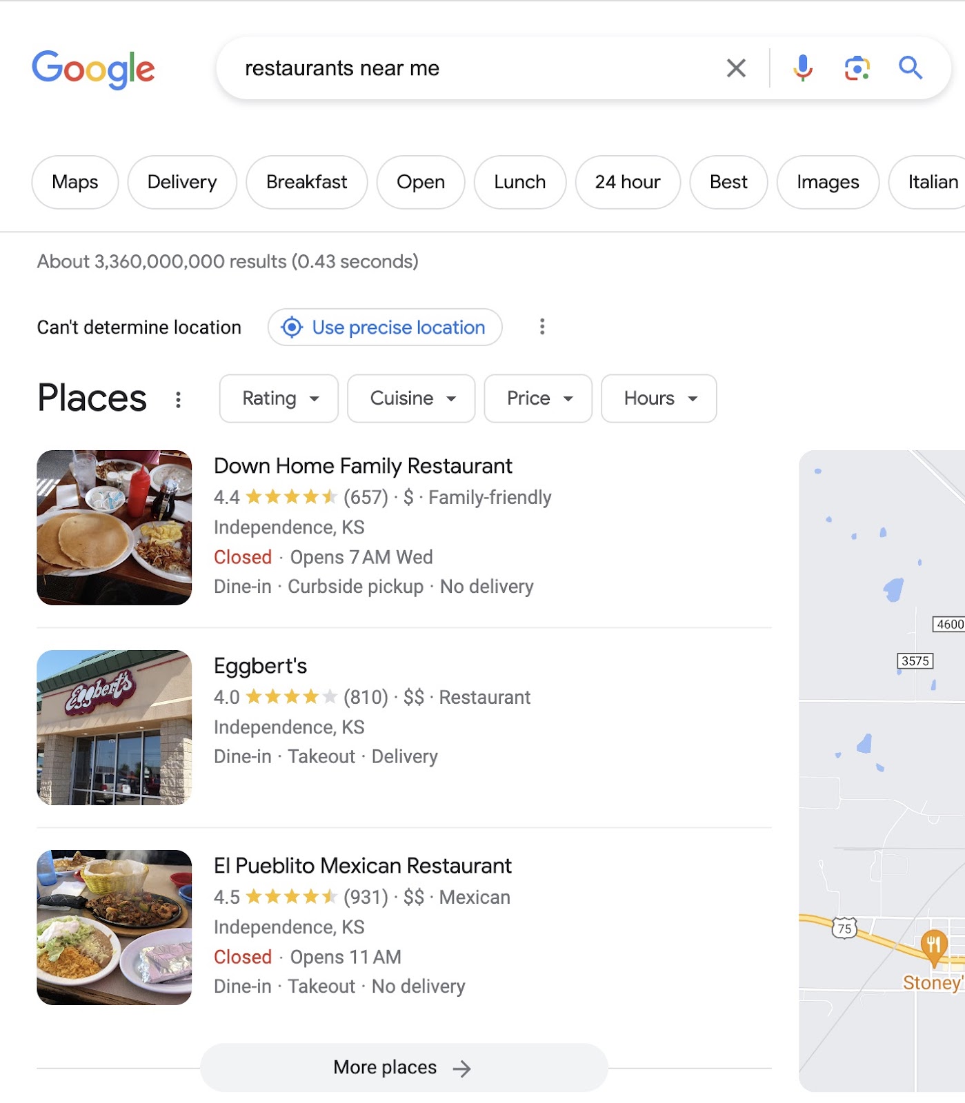 Google's local pack results for "restaurants near me" query