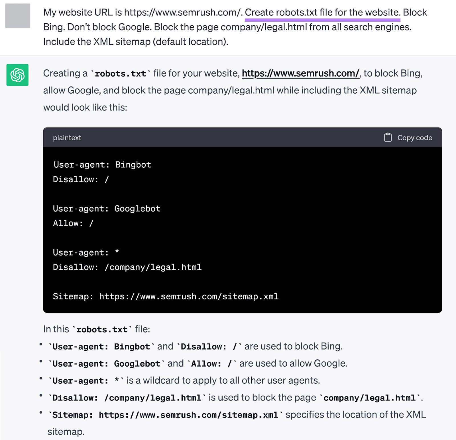 A prompt asking ChatGPT to create robots.txt file
