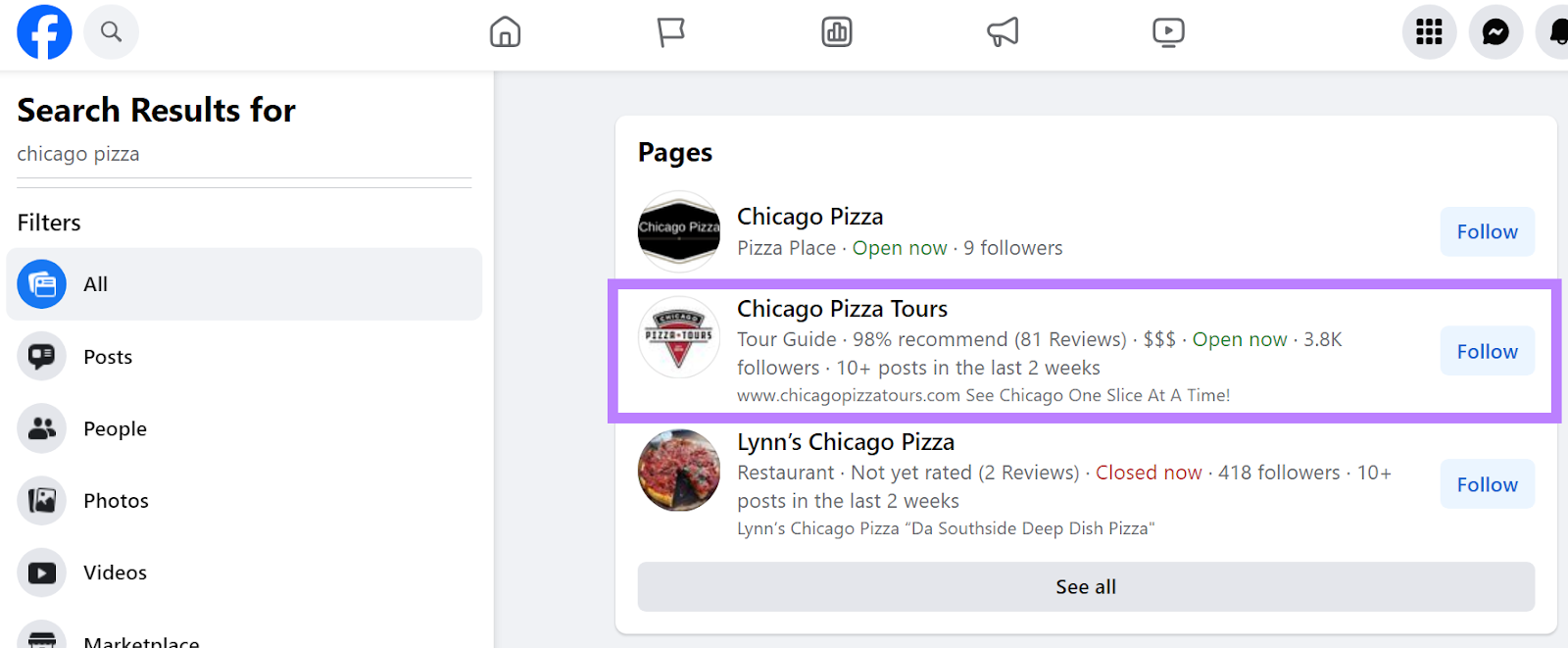 that same logo appears in a search for pizza