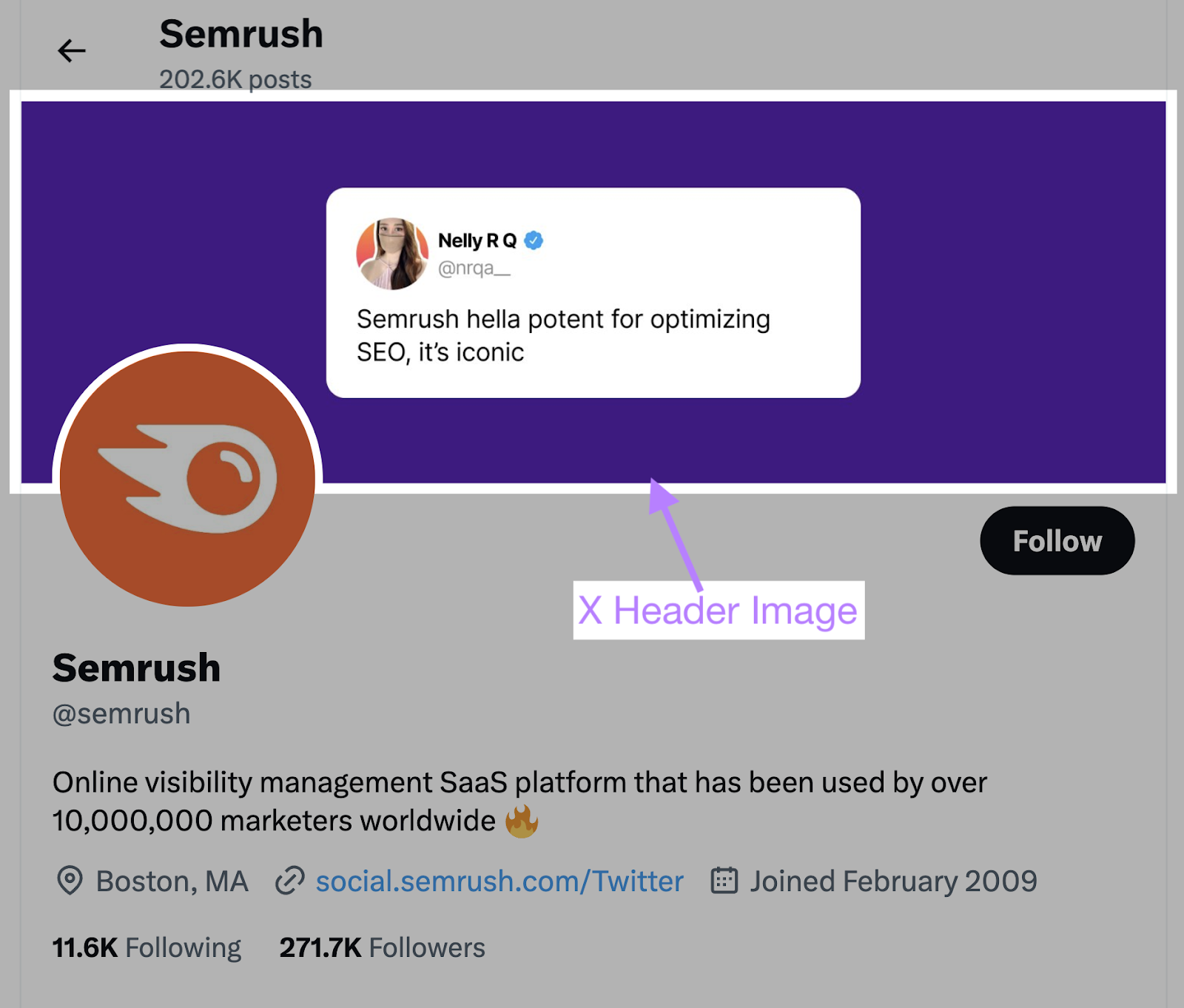 Semrush profile on X, with the header image highlighted