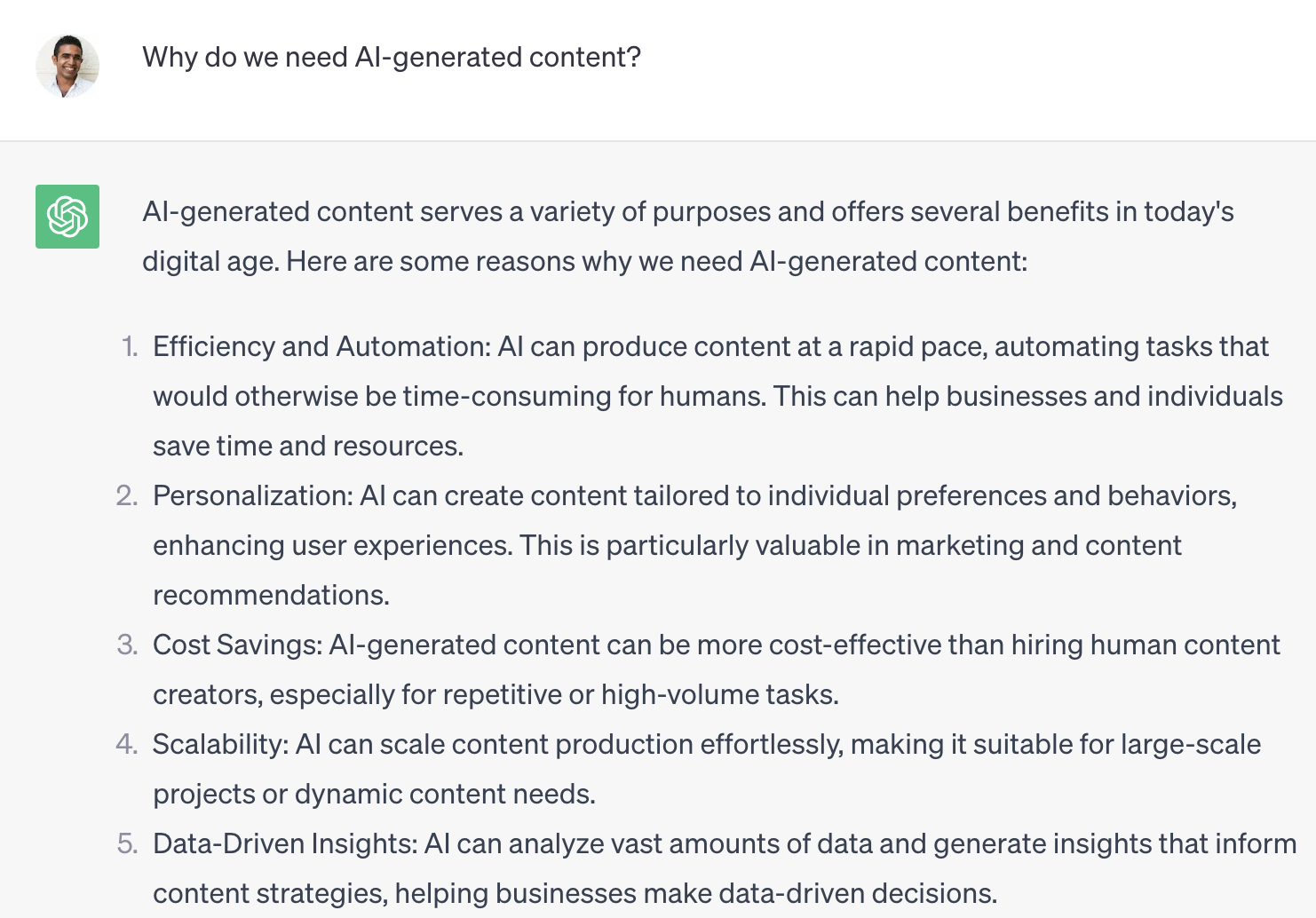 ChatGPT's response to "Why do we need AI-generated content?" query