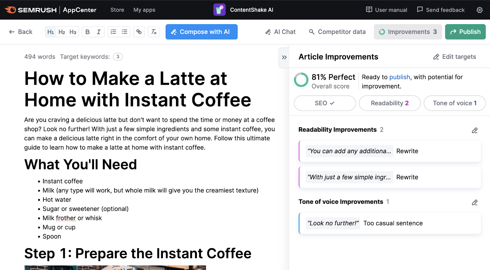 "How to Make a Latte at Home with Instant Coffee" content in ContentShake AI