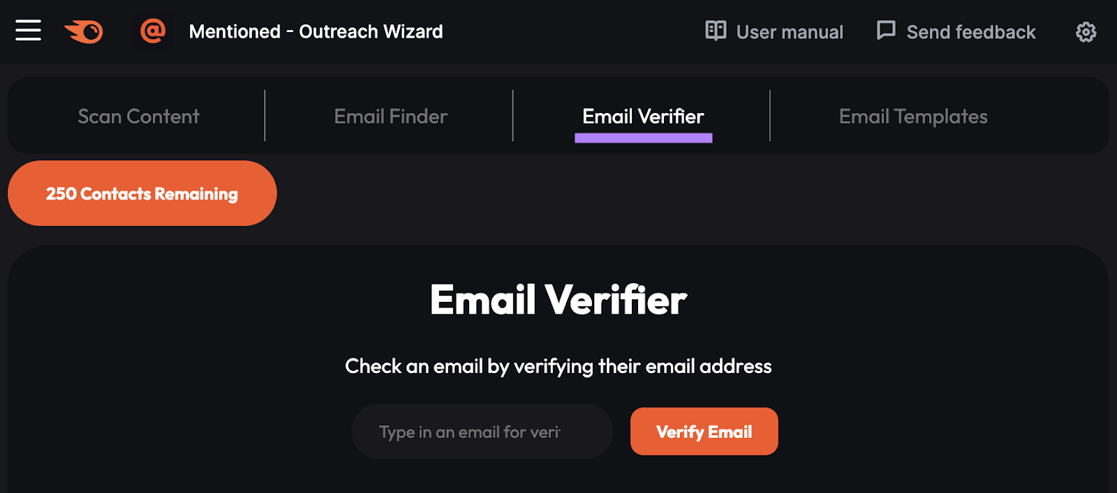 "Email Verifier" tab in Mentioned - Outreach Wizard app