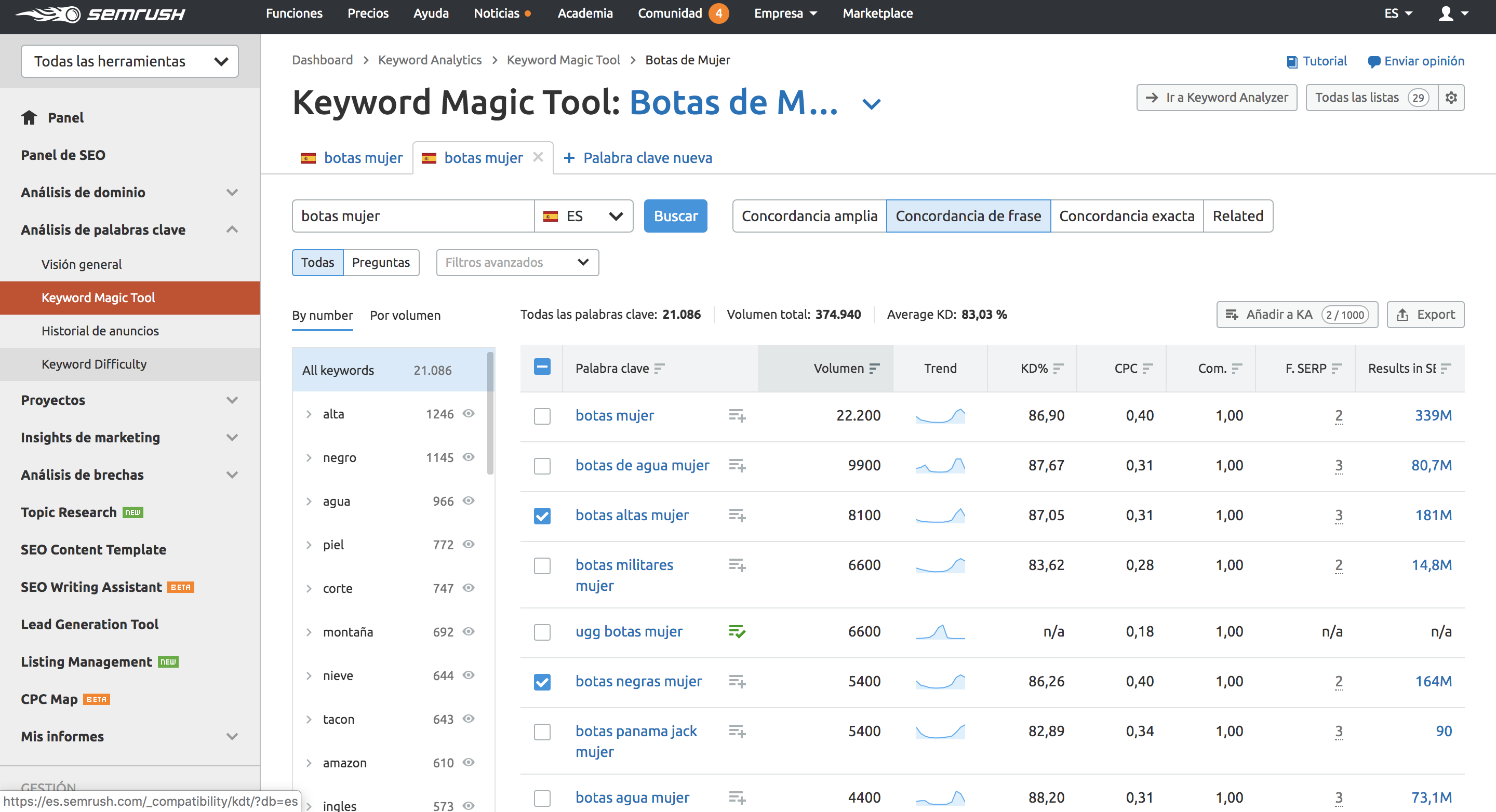 Análisis de keywords - Keyword Magic tool selección de palabras clave