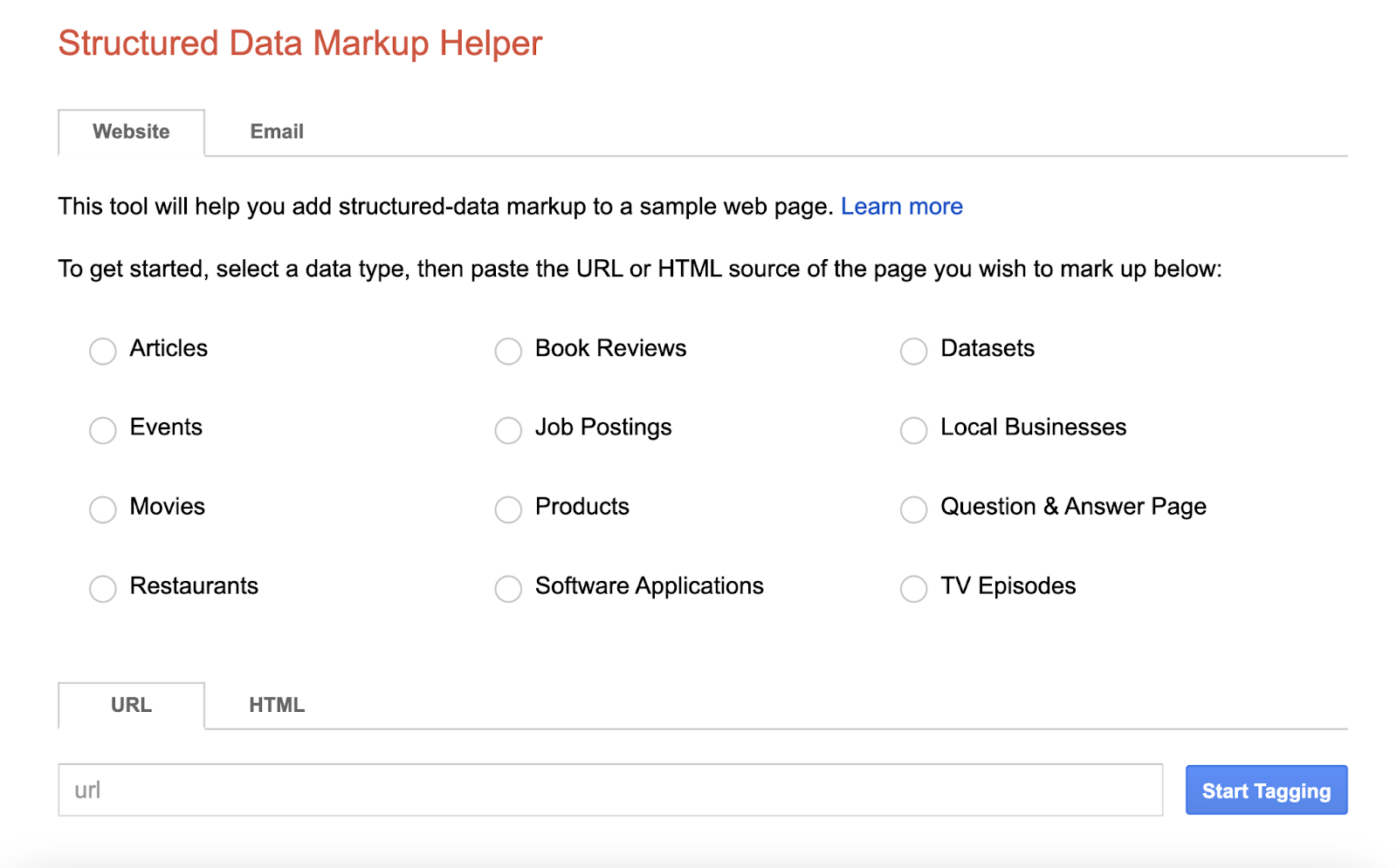 structured data markup helper start allows you to choose what type of data you're hoping to mark up and the url