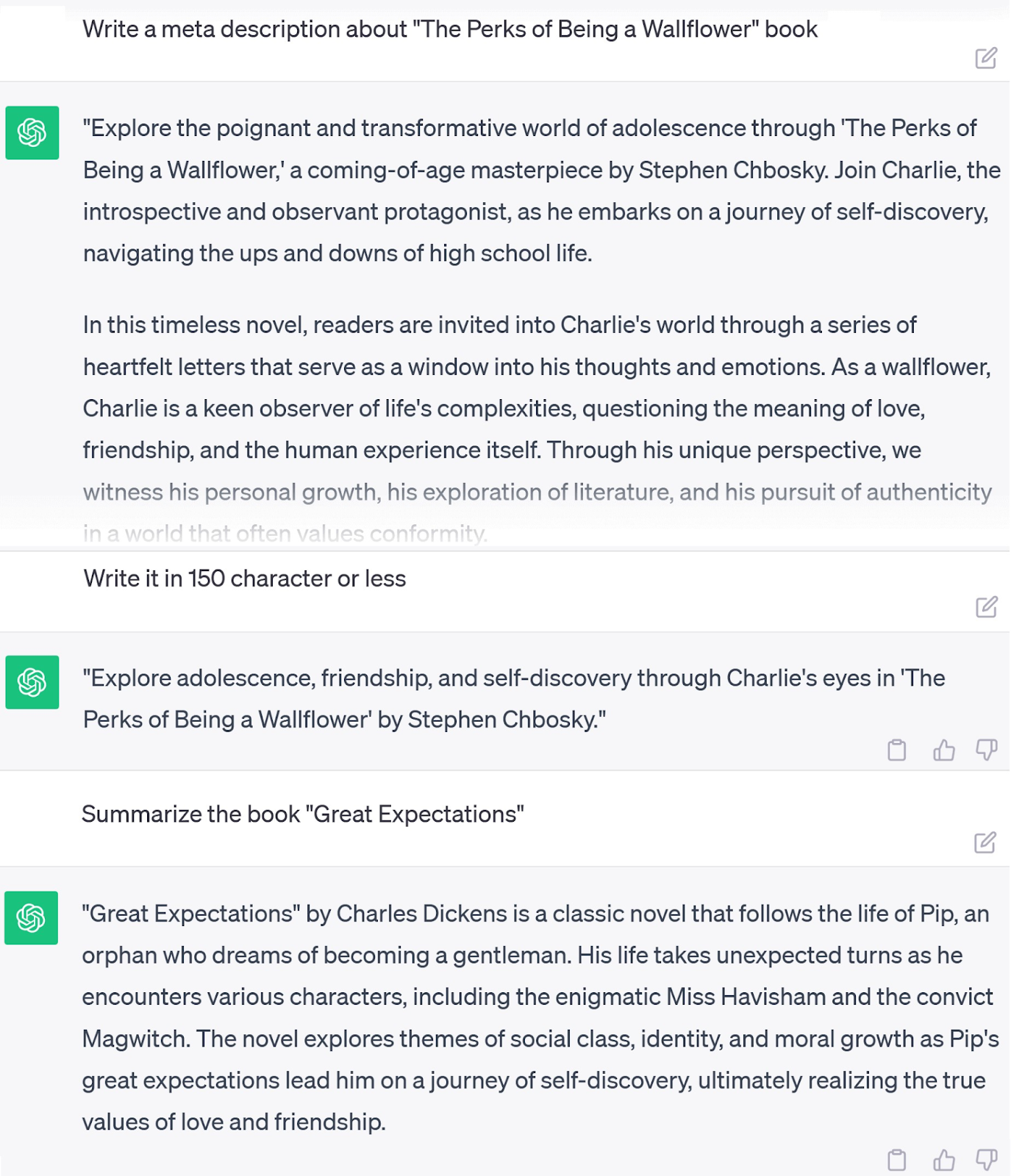 An example of ChatGPT using previous input to summarize the book “Great Expectations”