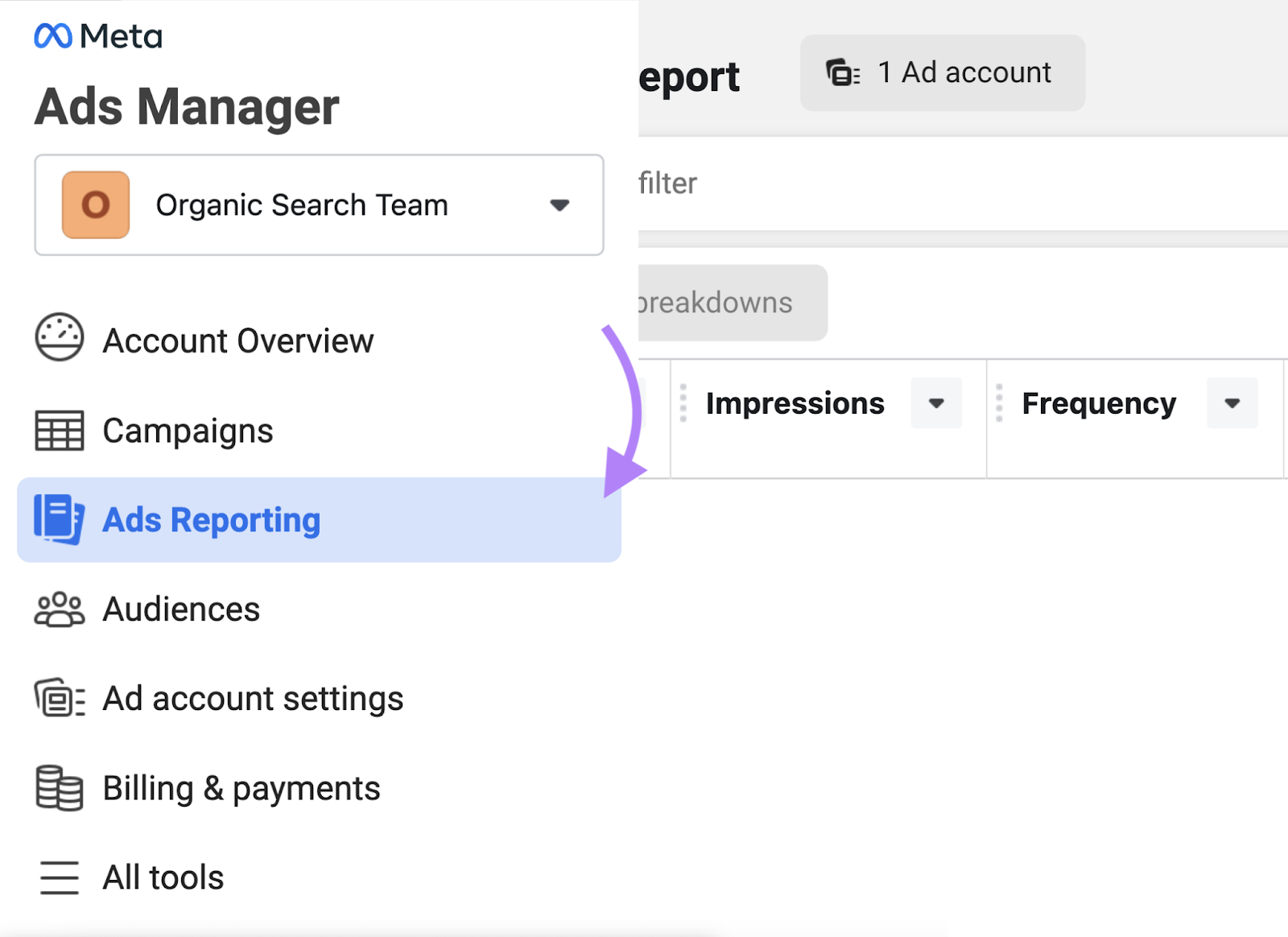 "Ads Reporting" button in Meta Ads Manager