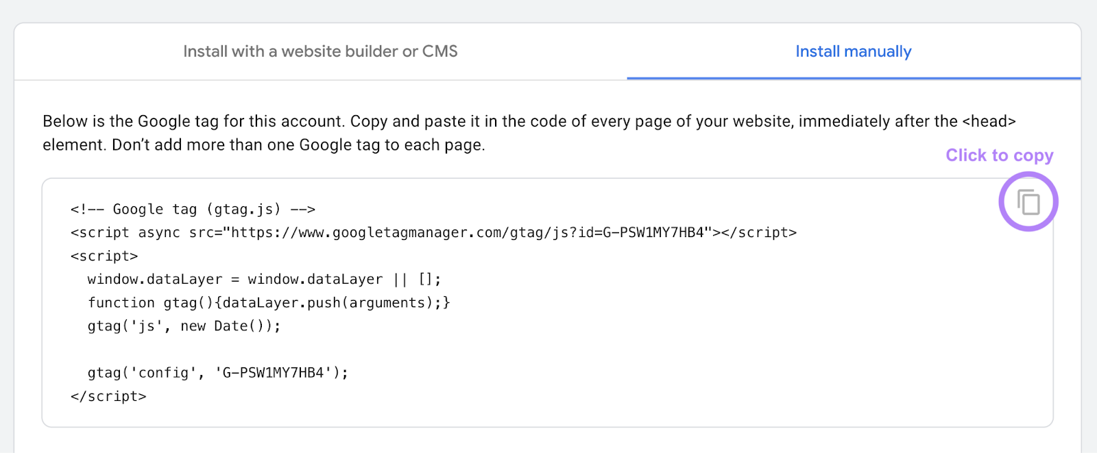 Google Analytics code in the “Install manually” tab