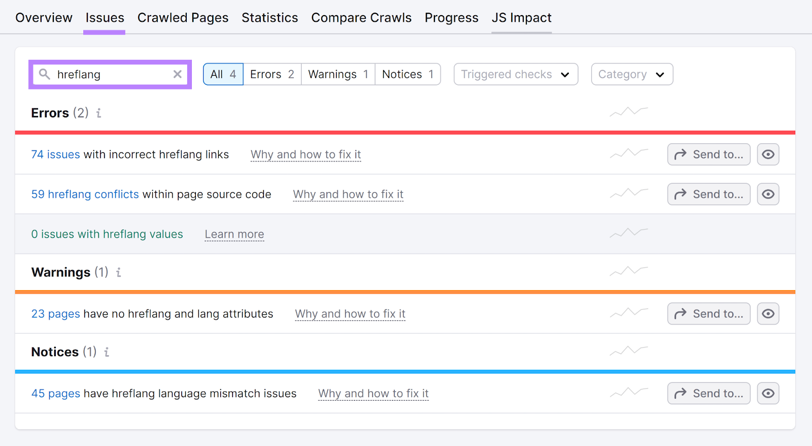 Semrush Site Audit Issues tab selected and 'hreflang' entered in search box to show hreflang-related issues