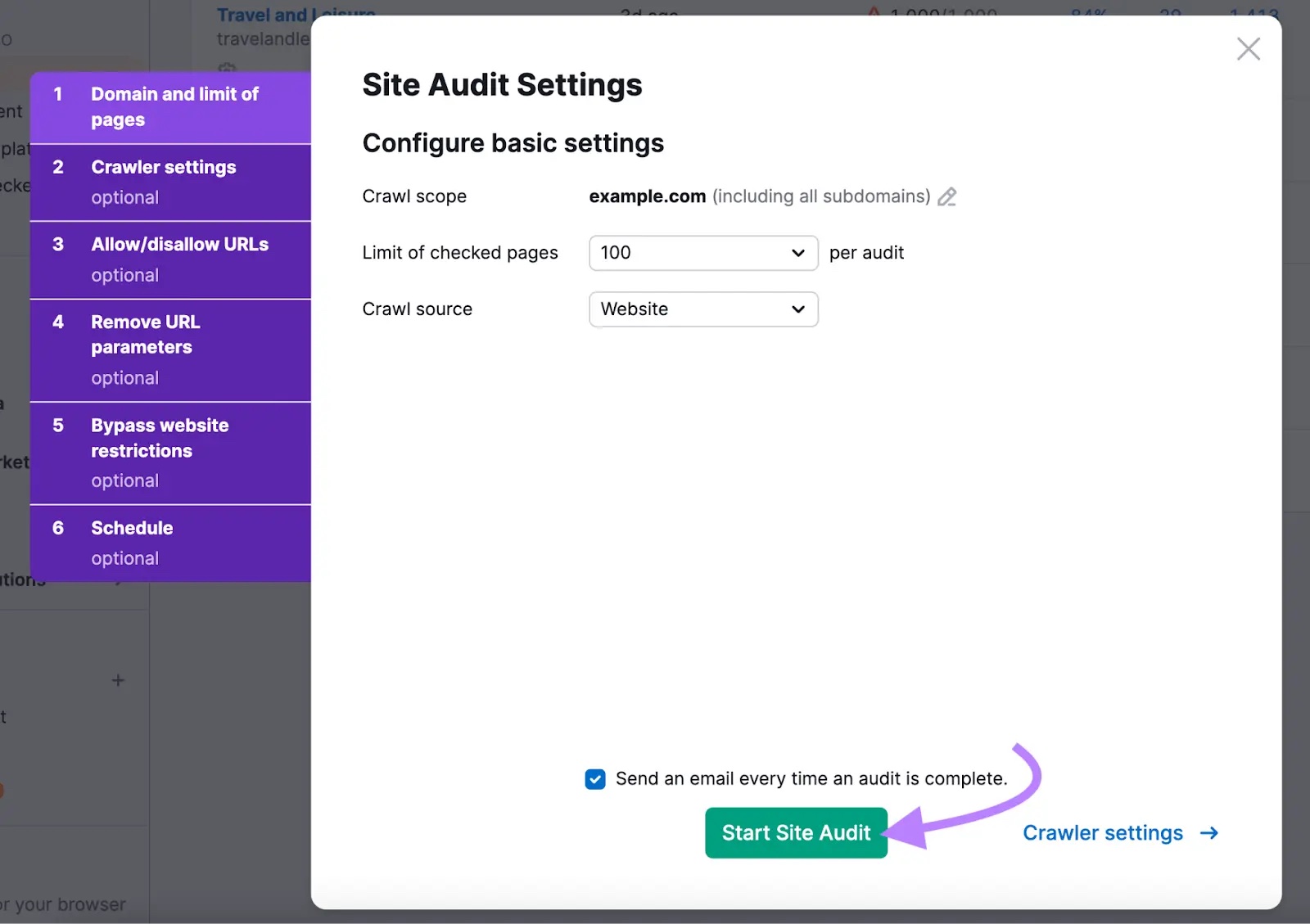 Site Audit Settings page to select crawl scope, source and limit of checked pages plus the "Start Site Audit" button clicked