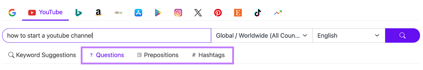 “Questions,” “Prepositions,” and “Hashtags” tabs in Keyword Tool 