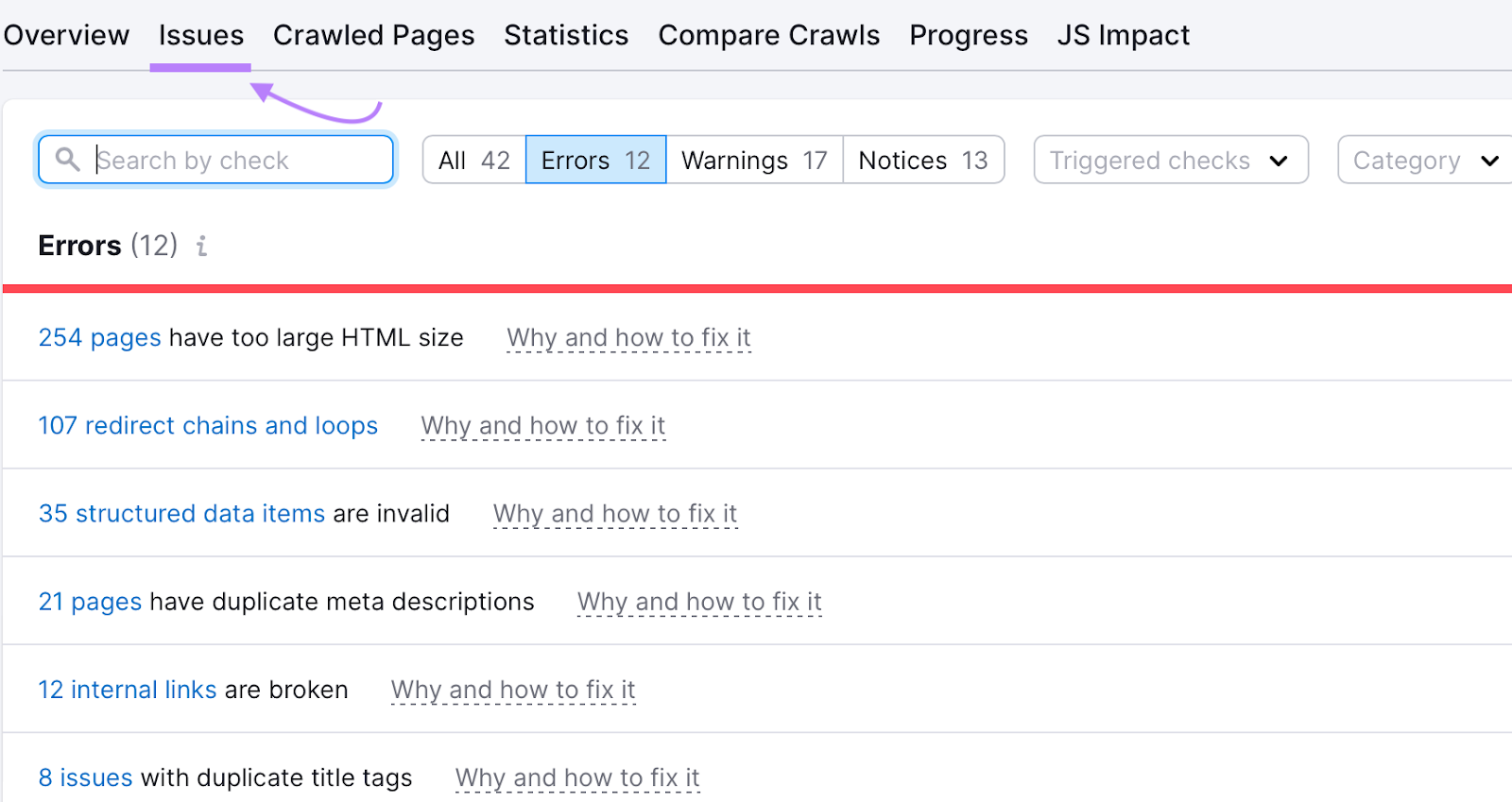 “Issues” tab in Site Audit tool shows which technical errors your site has