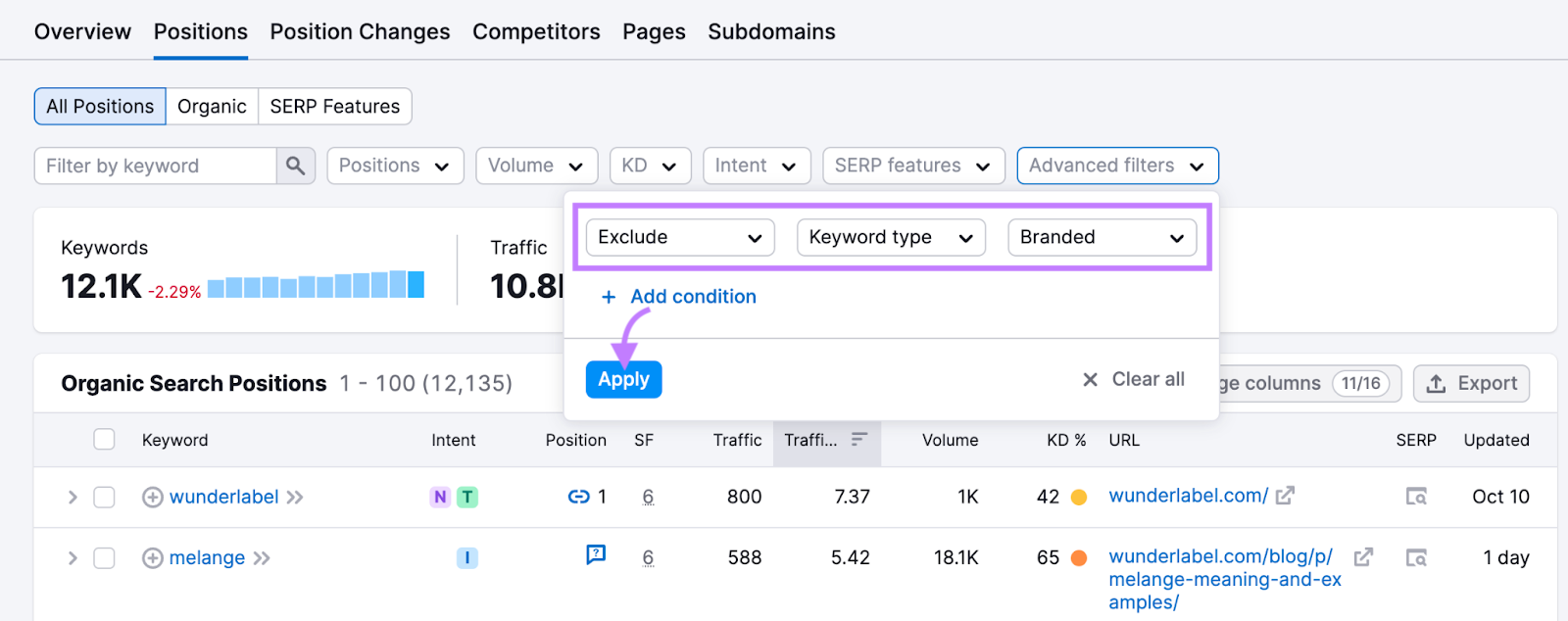 "Advanced filters" under "Positions" report in Organic Research tool