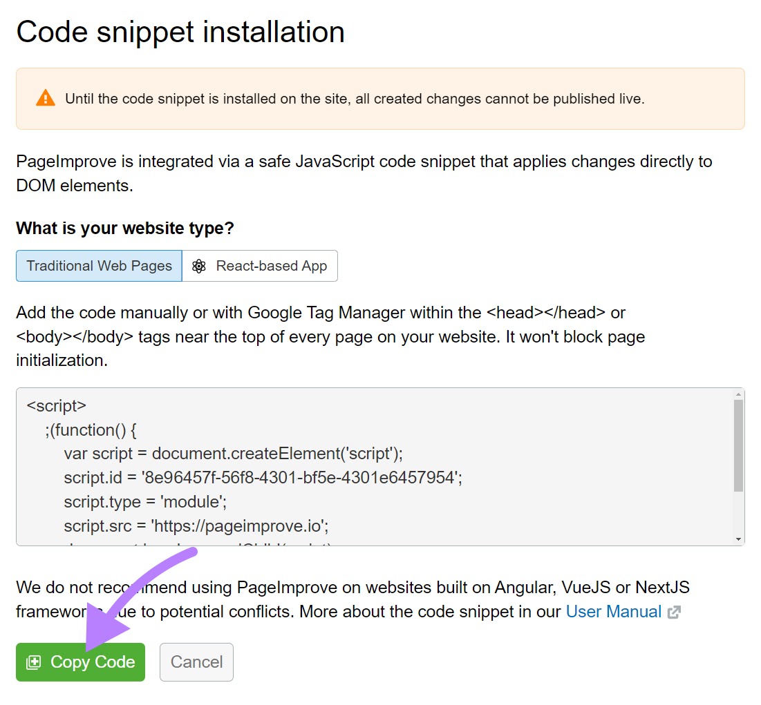 Code snippet installation page