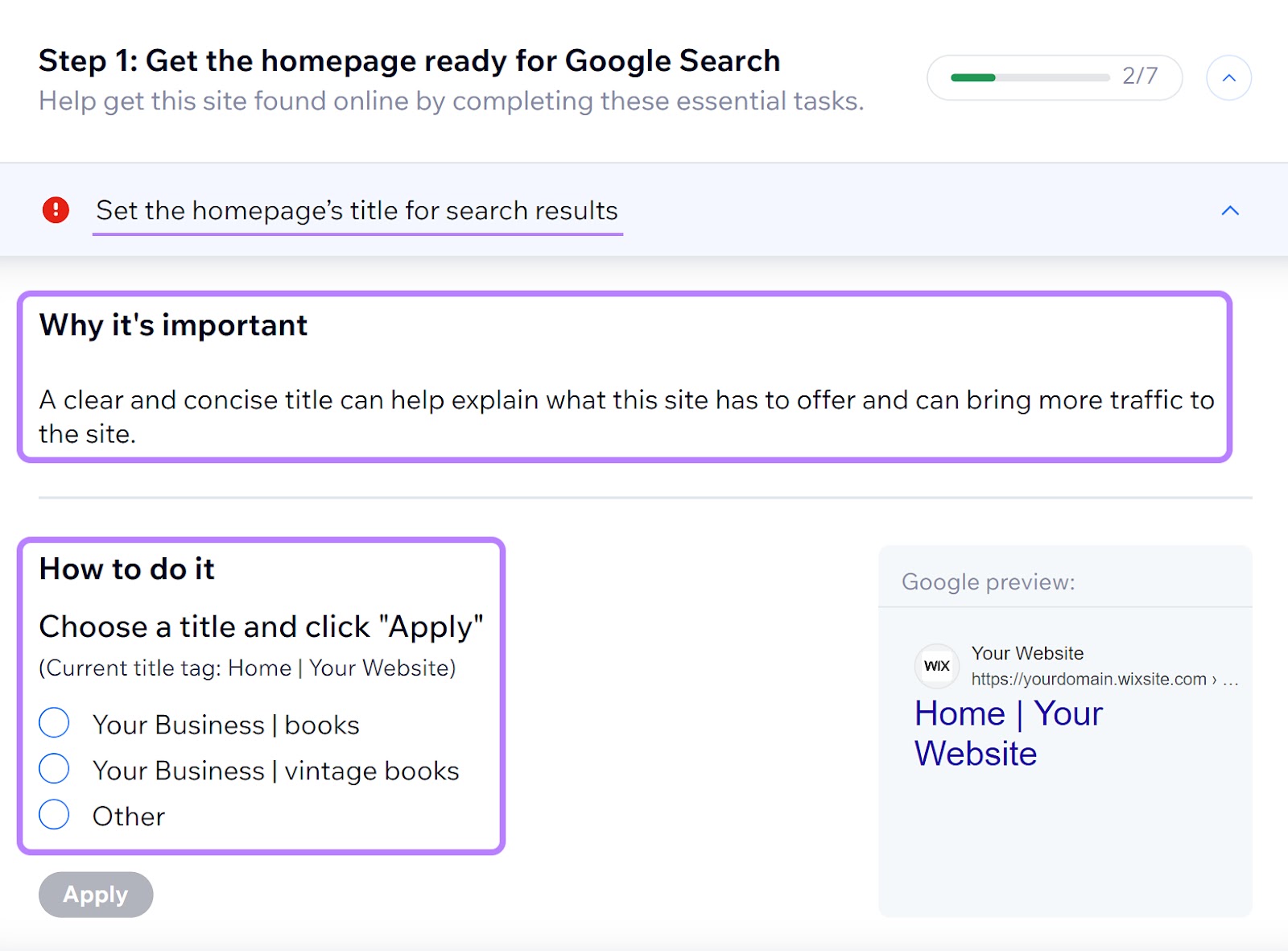 “Set the homepage’s title for search results" window in Wix
