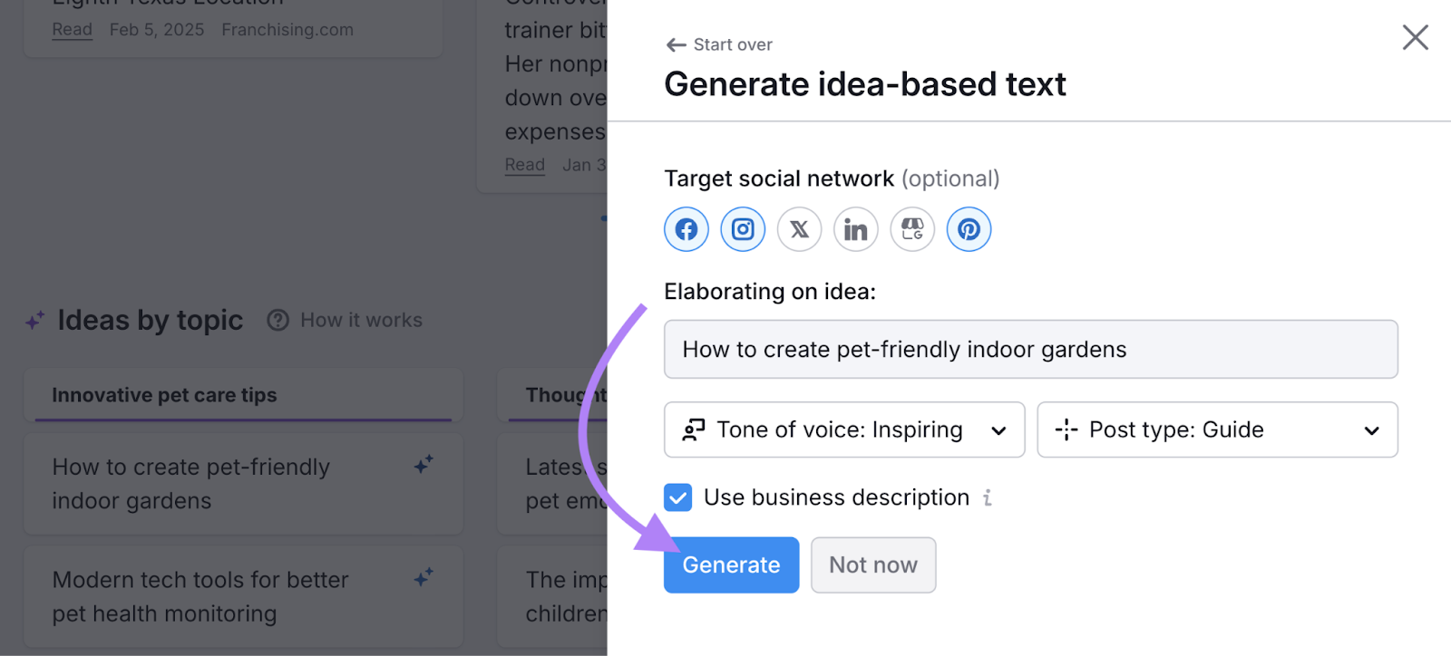 Choose your target social network, tone of voice, and post type.