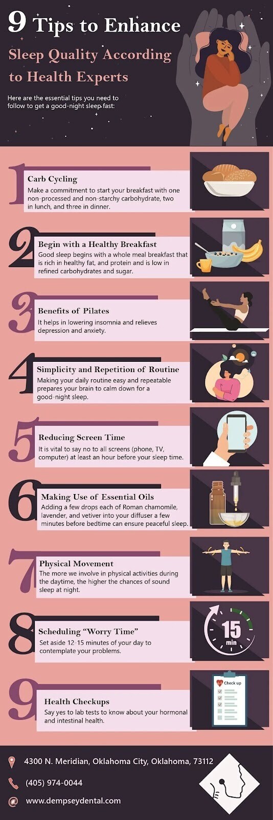 Infographie de Dempsey Dental sur 9 conseils pour améliorer la qualité du sommeil