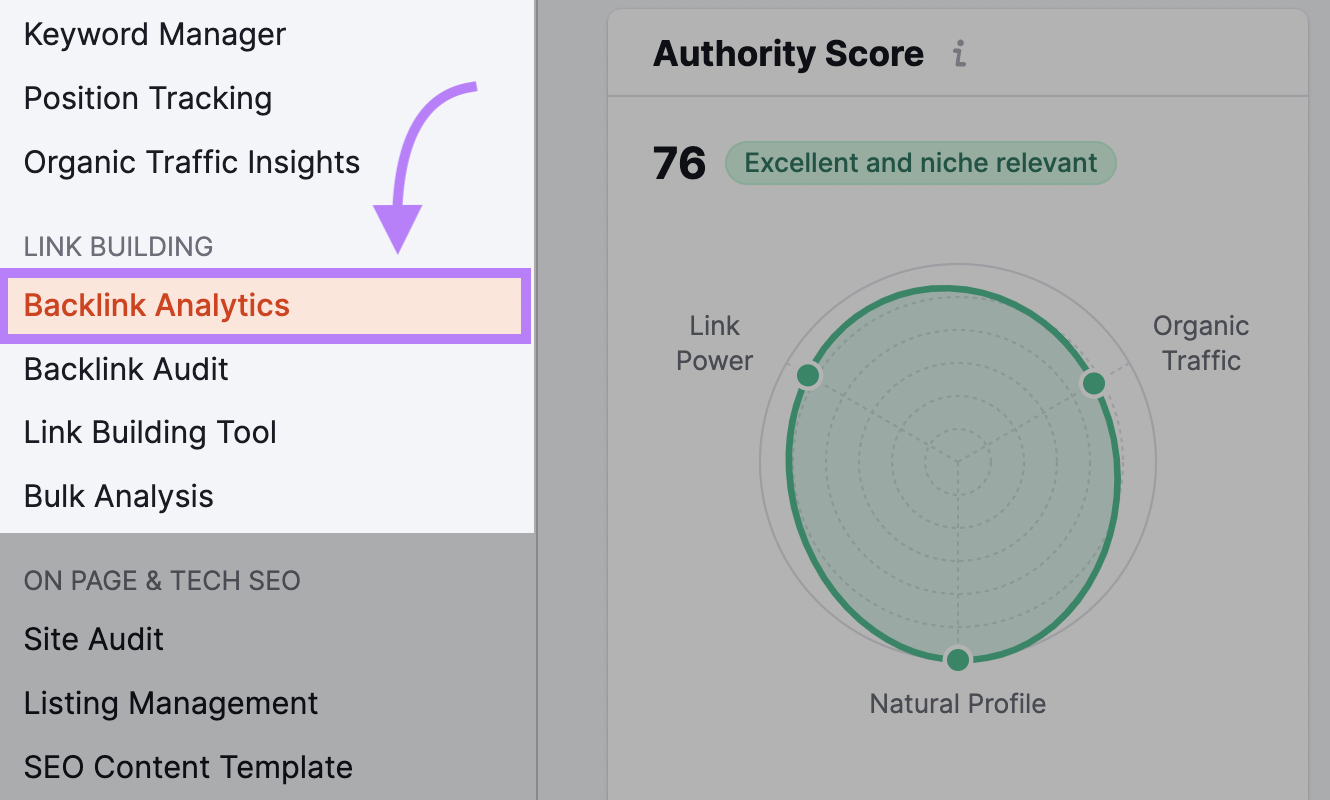 Navigating to "Backlink Analytics" in Semrush.com’s left-hand menu