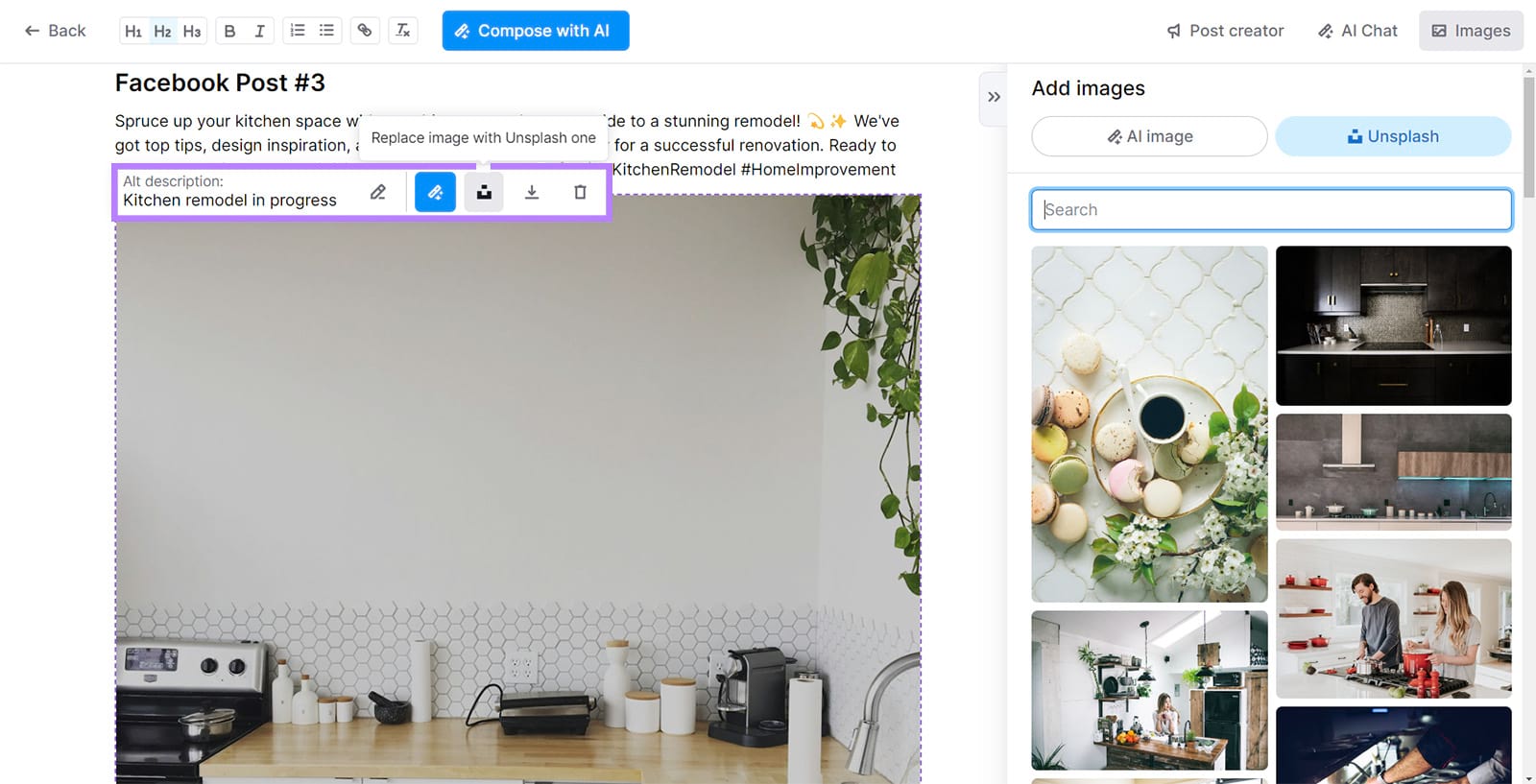 AI generated content with image options toolbar highlighted showing replace image with Unsplash option.