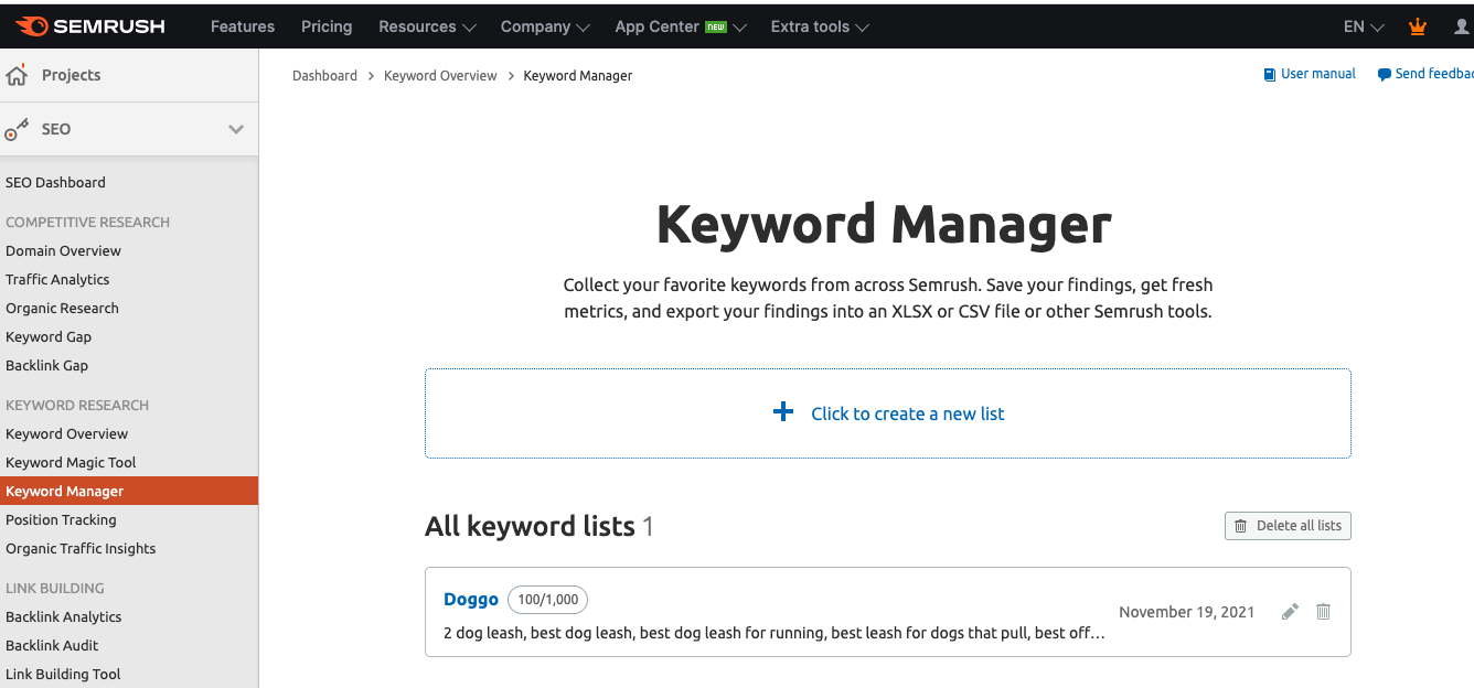 screenshot of the semrush keyword manager