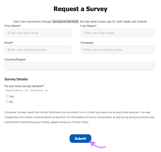 "Request a Survey" form in Consumer Surveys tool