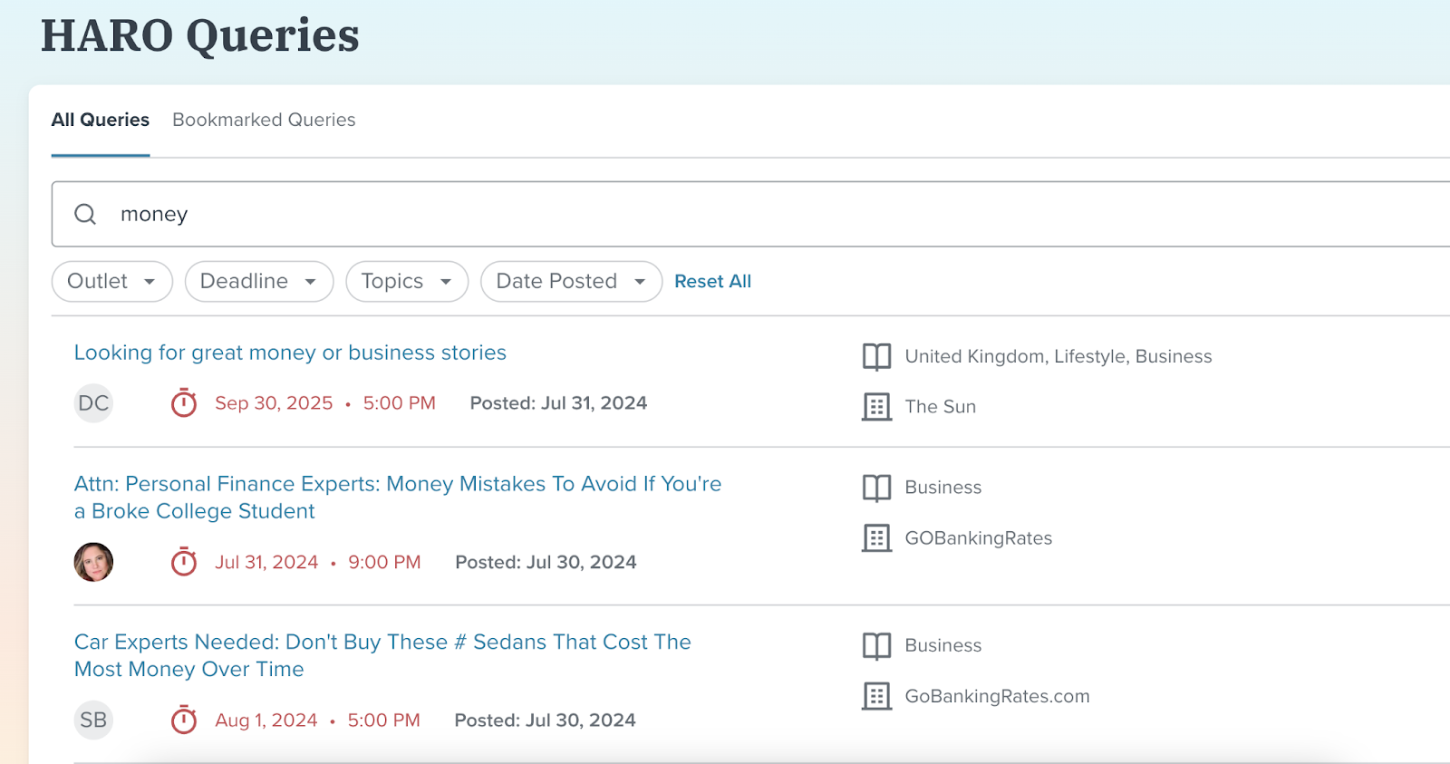 search for word  shows queries related to the topic, industry, and publication