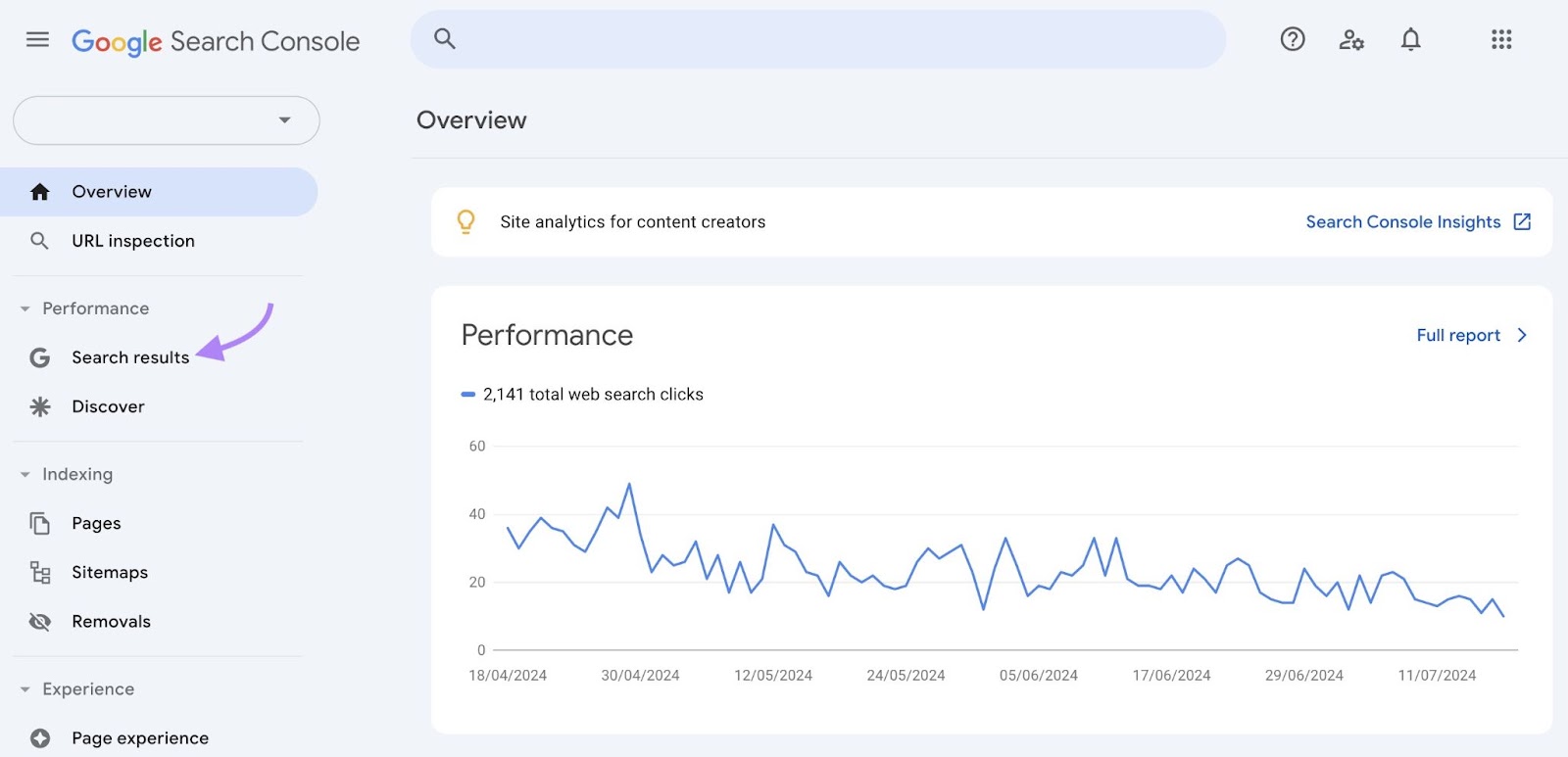 Google Search Console home with “Search results” under “Performance” clicked