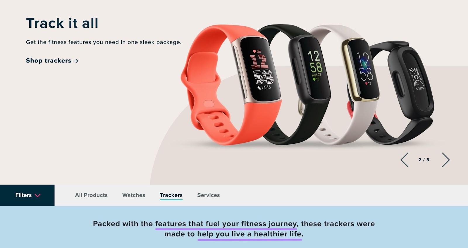 Fitbit's fitness tracker product page with the positioning phrases used in the copy highlighted