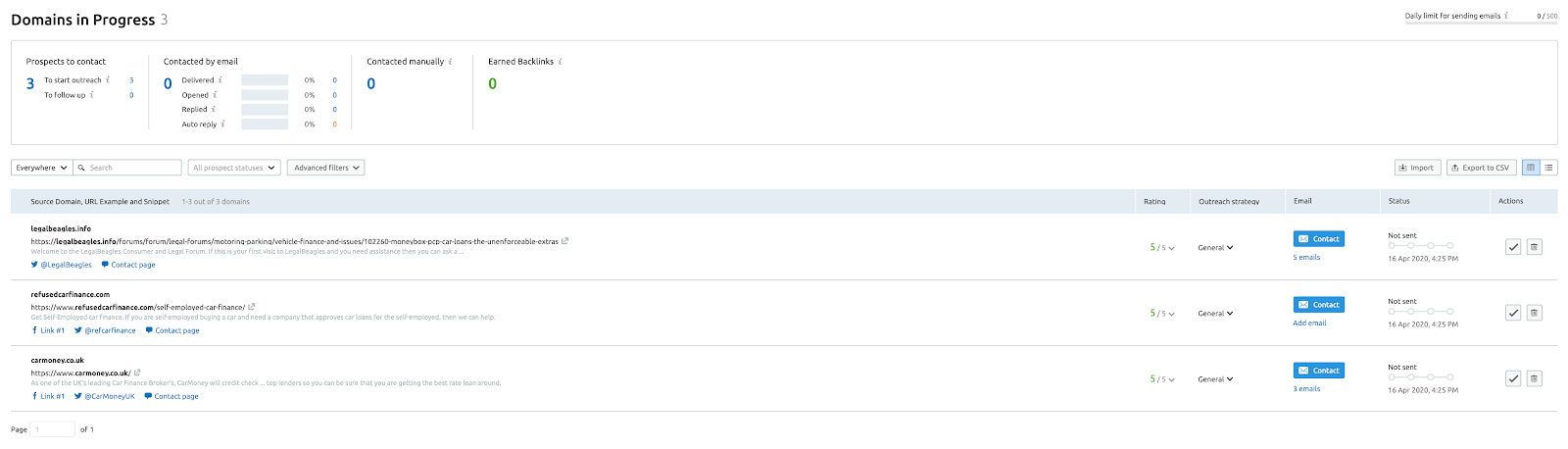 Example what the link building tool offers in data