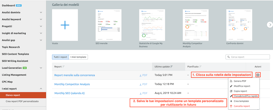 come clonare e modificare il template personalizzato del tuo report