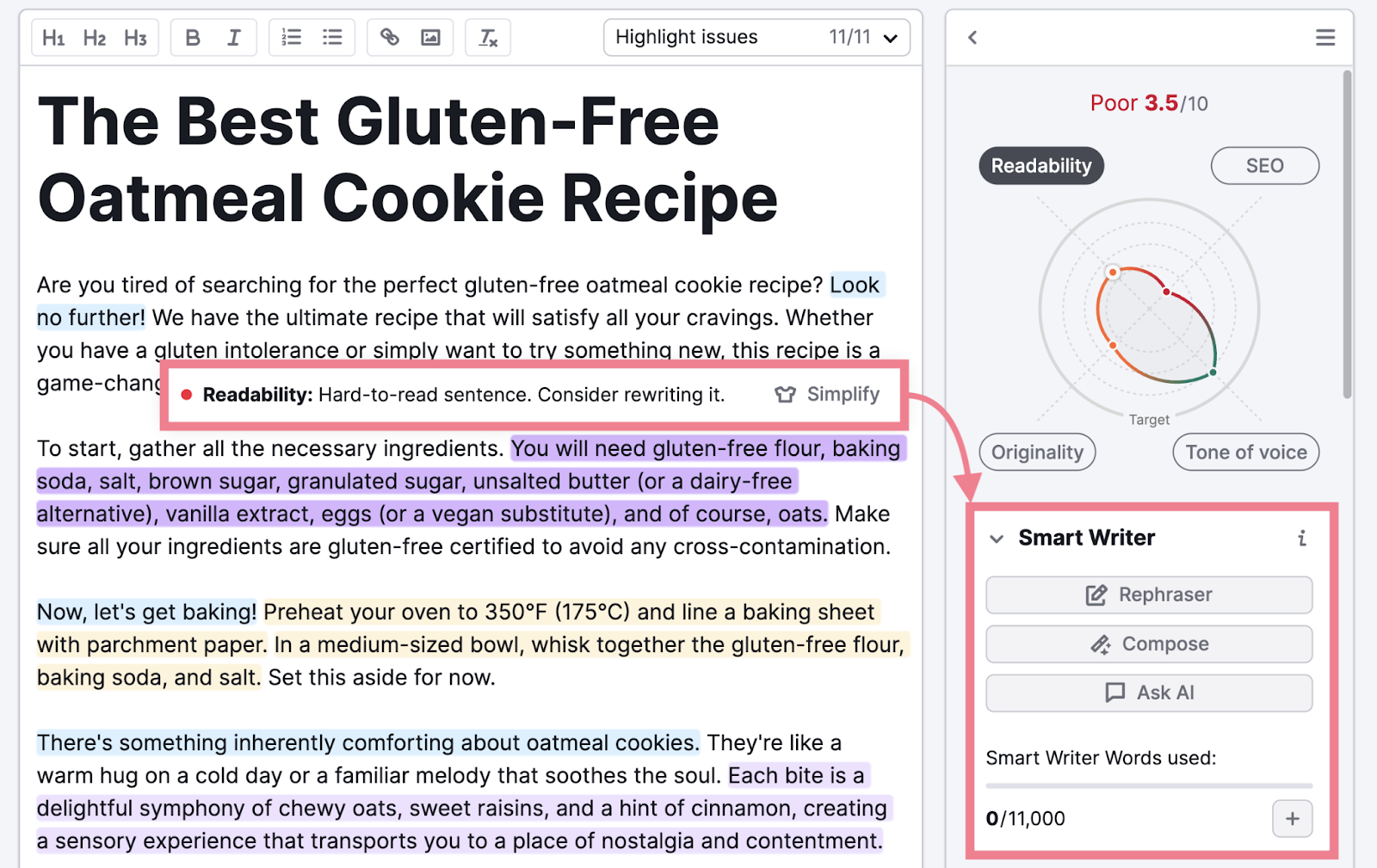 Some draft text is highlighted with pop up that suggests rewriting the sentence. Arrow also points to Smart Writer tools box.