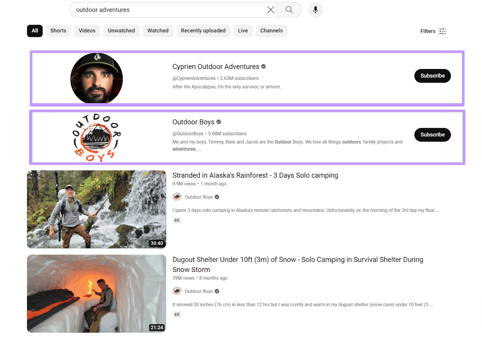 "Cyprien Outdoor Adventures," and "Outdoor Boys" channel results for "outdoor adventures" search on YouTube