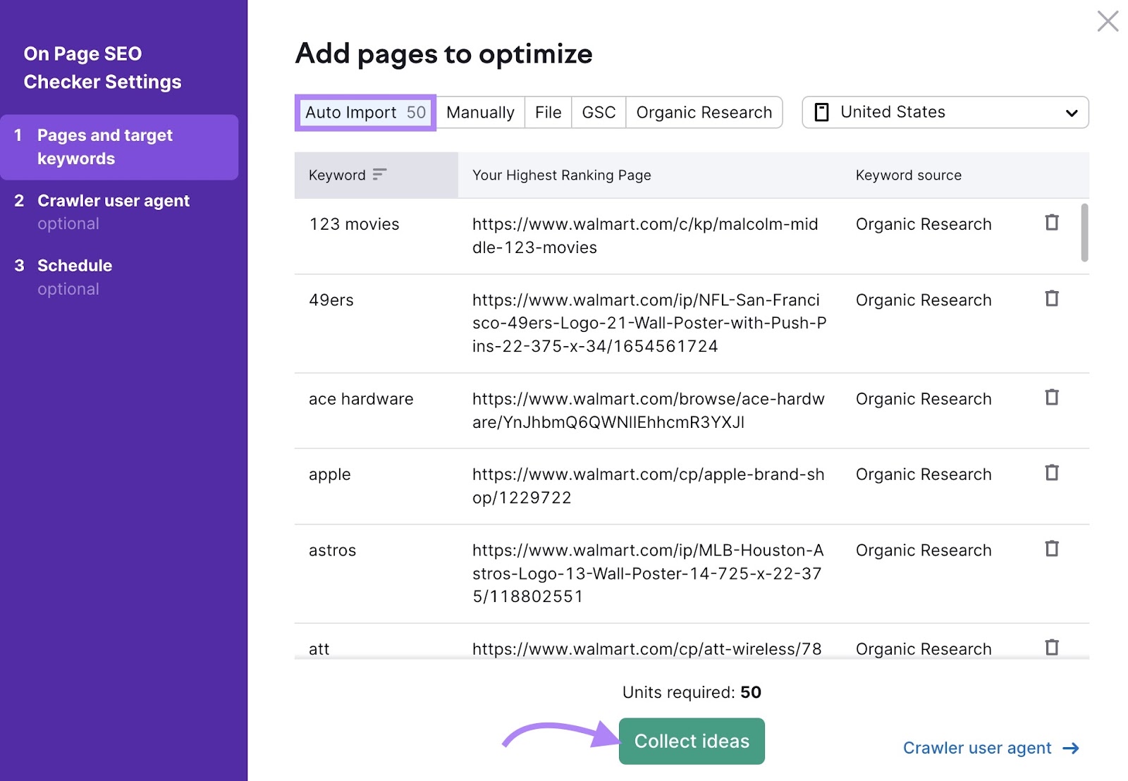 Semrush On Page SEO Checker's "Add pages to optimize" section with "Auto Import" tab selected showing a list of keywords, and the "Collect ideas" button marked with a purple arrow