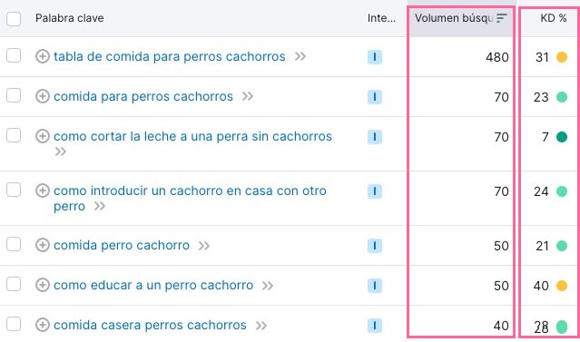 Volumen en Keyword Magic Tool