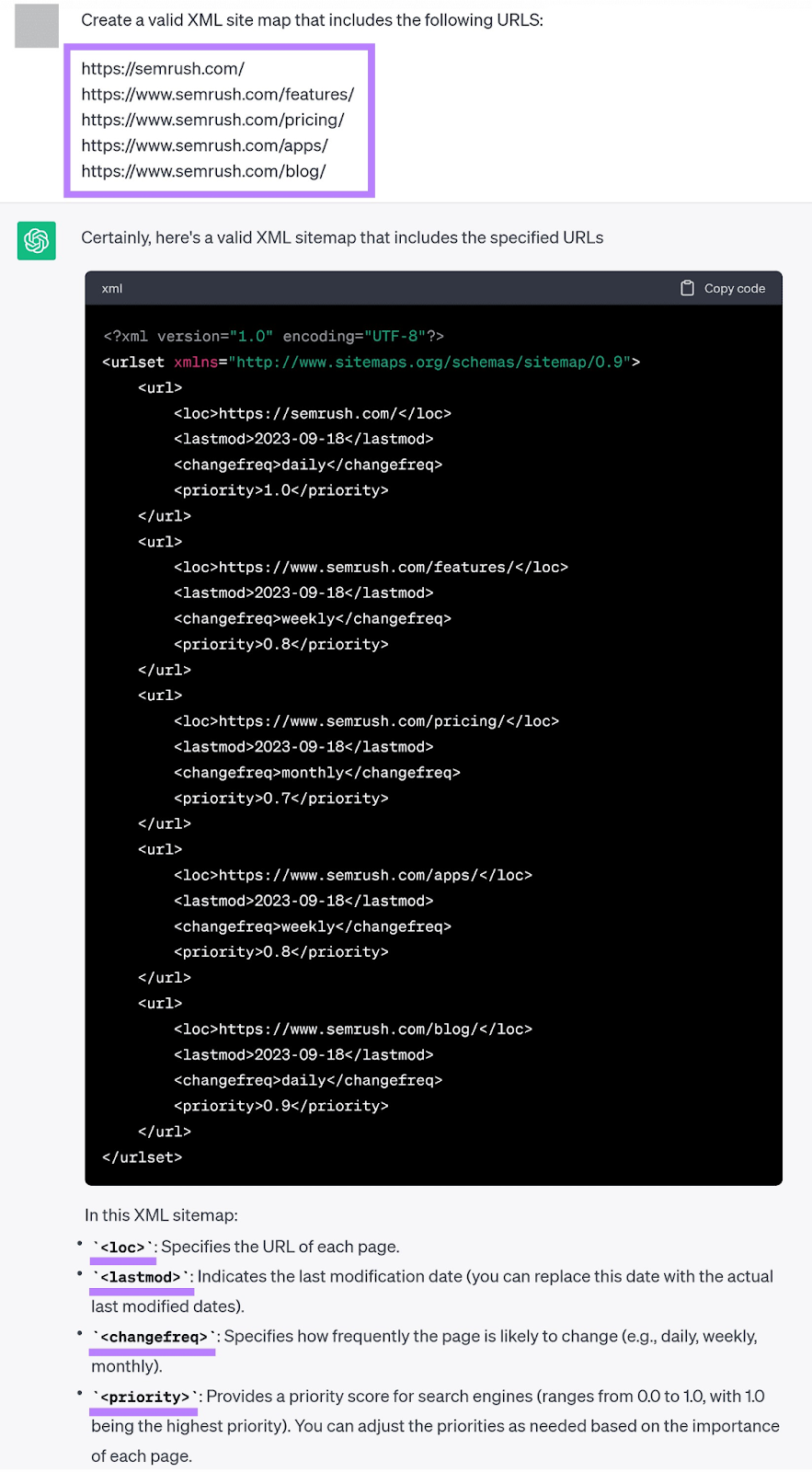 A prompt asking ChatGPT to create an XML sitemap with a given list of URLs