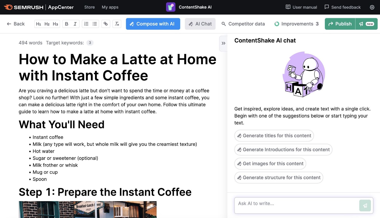An article on how to make a latte at home with instant coffee, and ContentShake AI chat on the right side