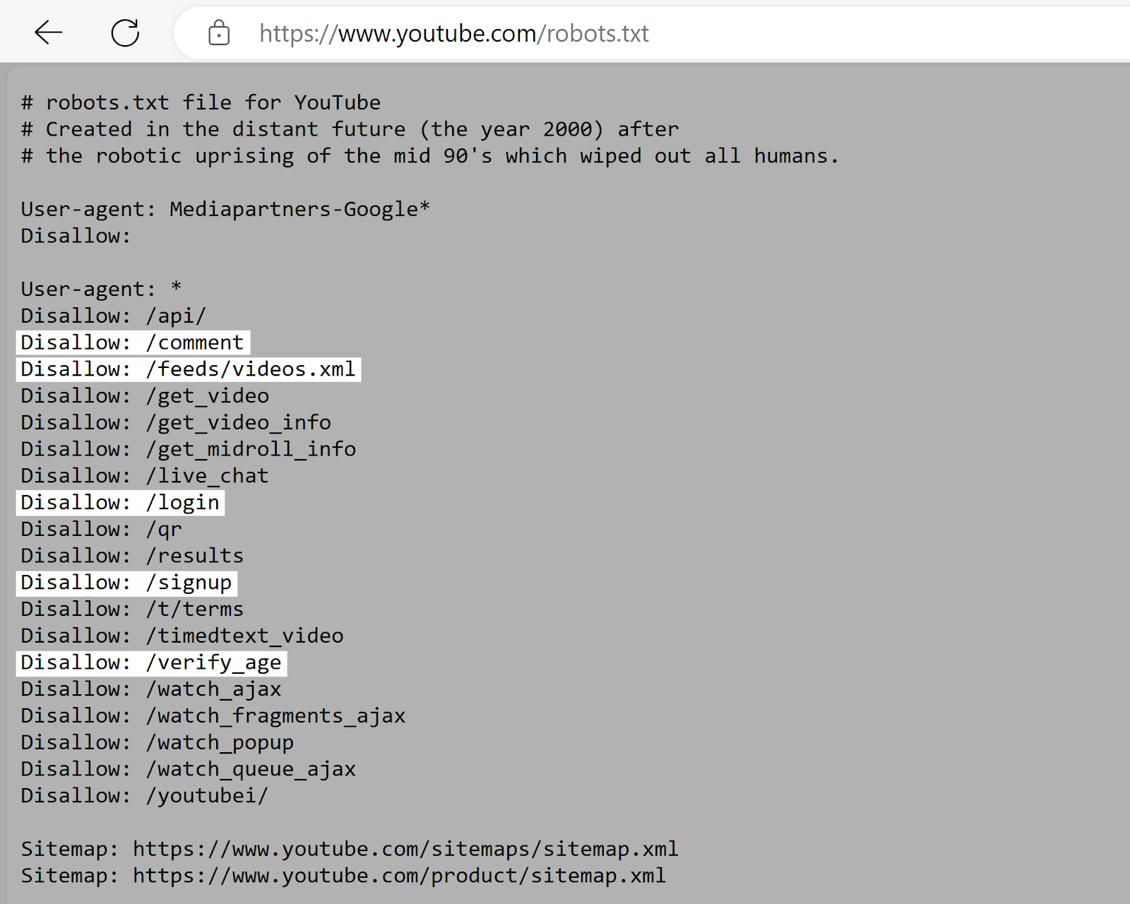 YouTube robots.txt file with highlights showing disallowed URL paths