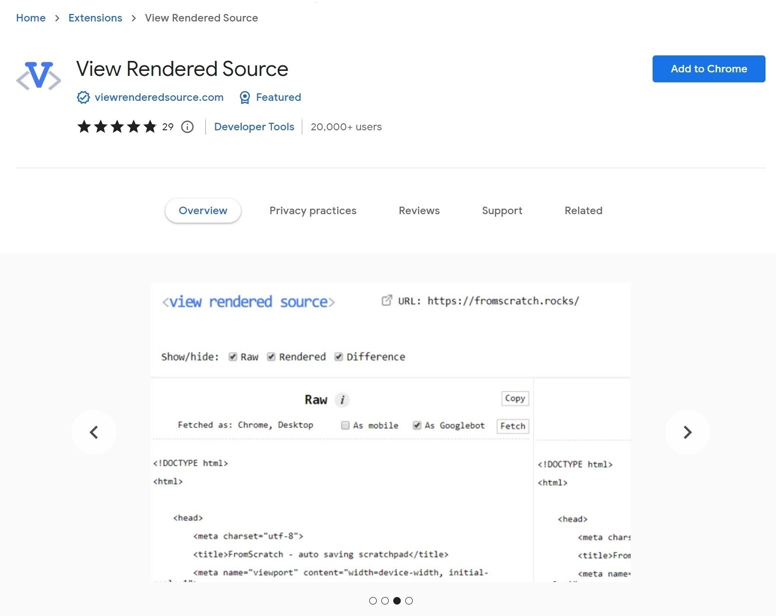 Chrome store page for View Rendered Source