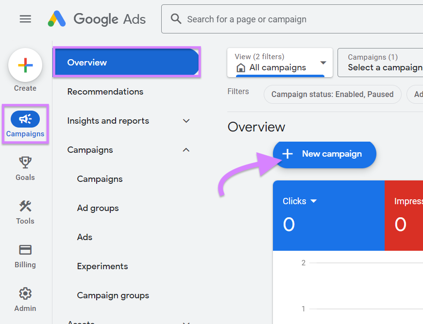 “+ New campaign” button in Google Ads