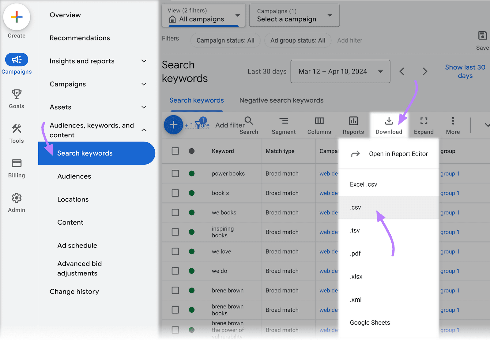 export keywords to a CSV record  successful  Google Ads