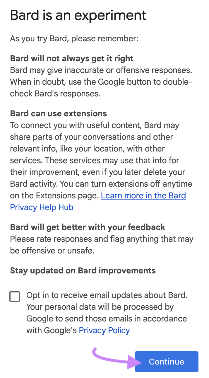 "Bard is an experiment" pop up window