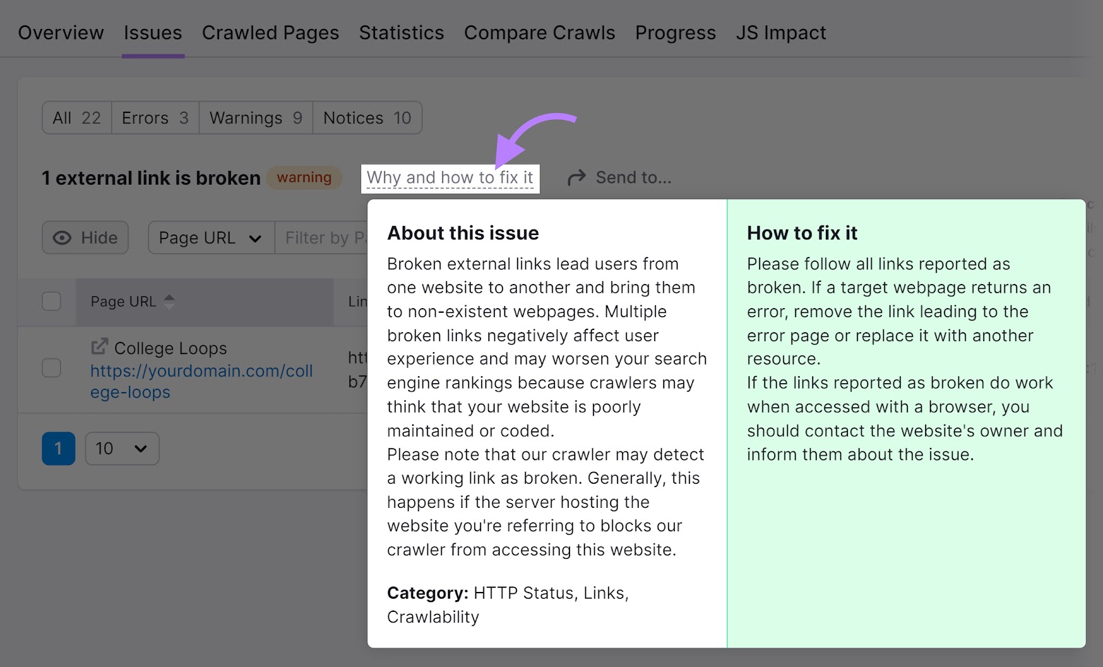 "1 external link is broken" page of the Site Audit tool with the "Why and how to fix it" button highlighted