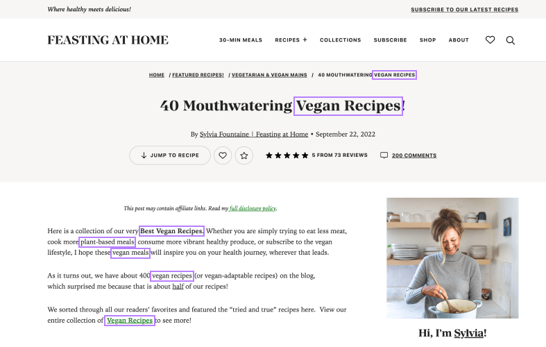 A section of "40 Mouthwatering Vegan Recipes" article, with secondary keywords highlighted in text