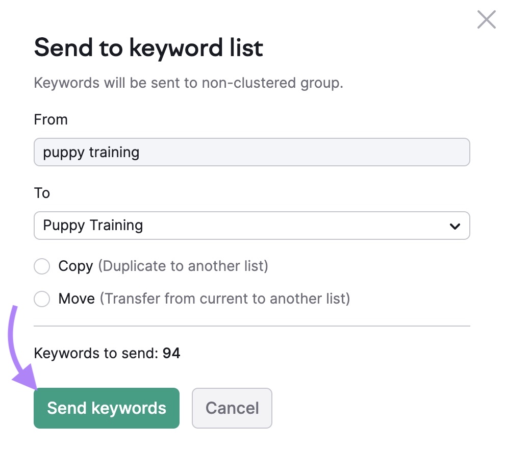 "Send to keyword list" pop-up showing input boxes for "From", "To", along with "Send keywords" clicked.